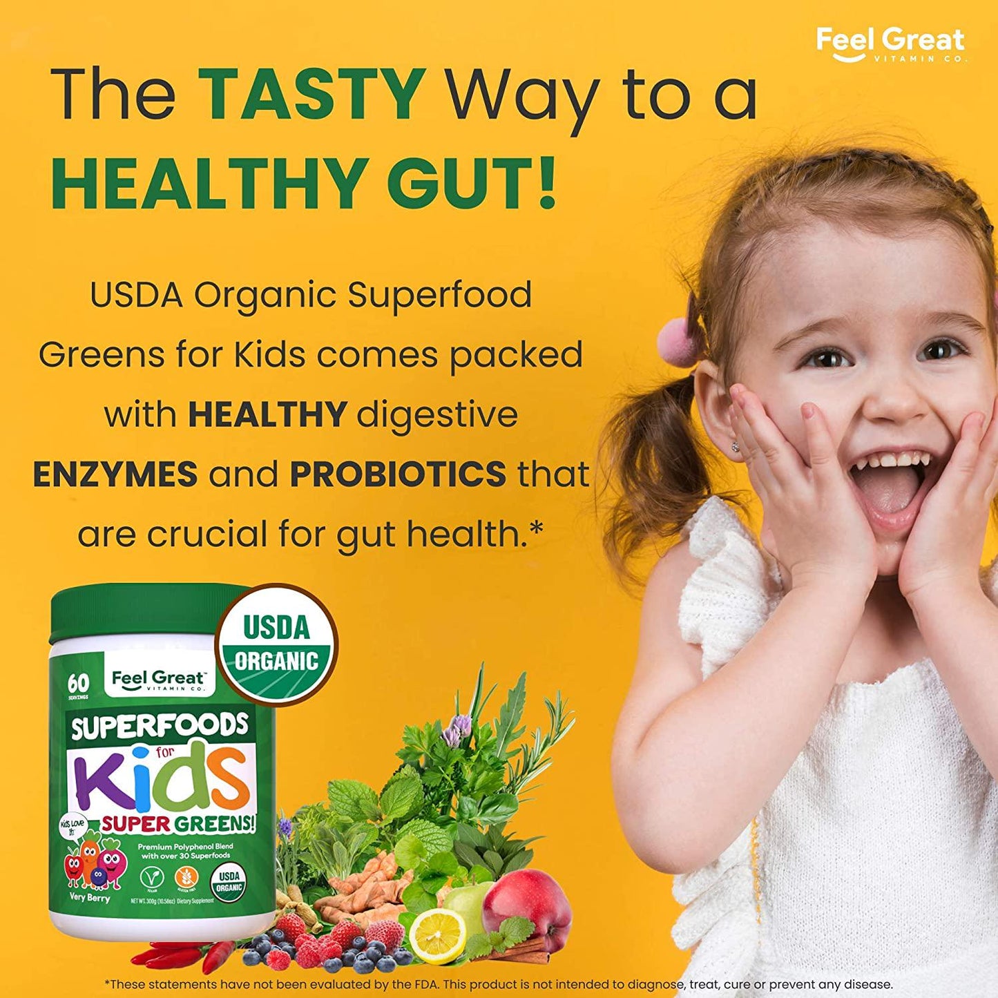 Certified USDA Organic Superfood Greens for Kids Berry Juice Powder by Feel Great 365 | Prebiotics, Probiotics and Digestive Enzymes | Non-GMO, Vegan, Gluten-Free and Dairy-Free w/Immune Support*