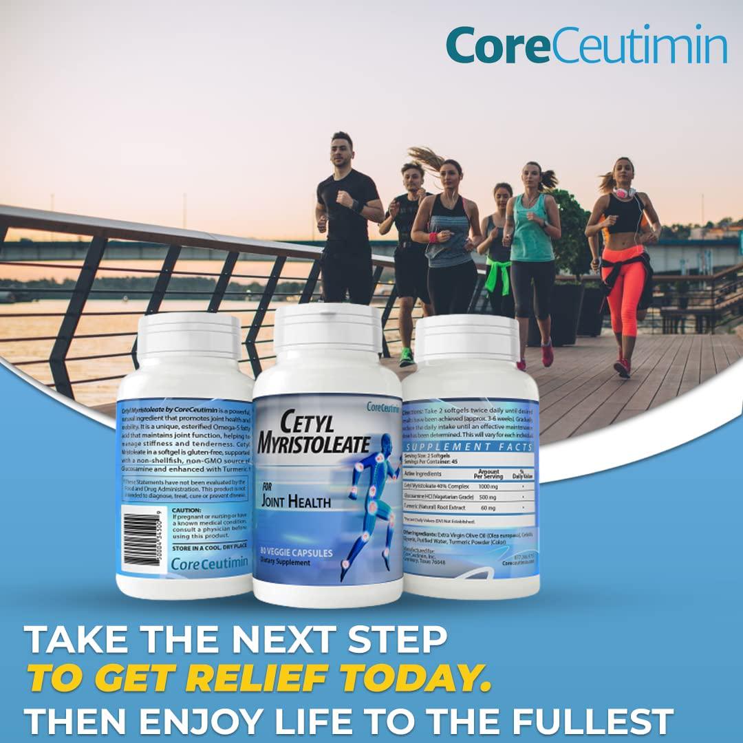 Cetyl Myristoleate for Humans 80 Veggie Capsules by Coreceuticals (Formally Response Cetyl M), Highest Concentration Made (40%) for Max Joint Relief, Glucosamine HCl, MSM and Hyaluronic Acid