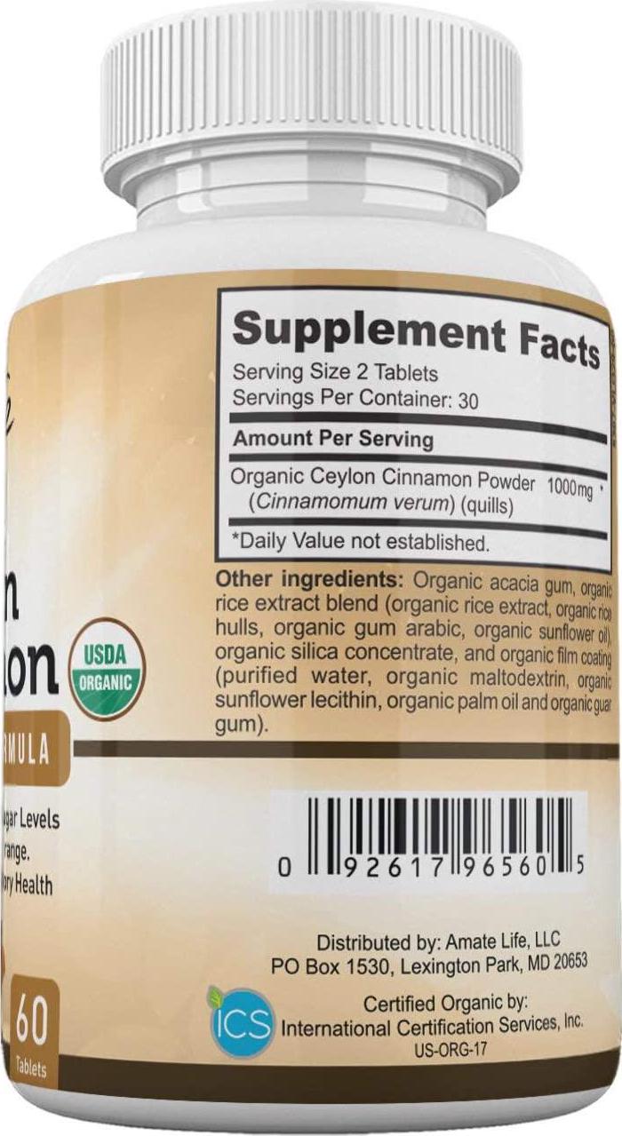 Ceylon Cinnamon USDA Organic Certified 1000mg Antioxidant Neuro-Protective Nutritional Supplement Cardiovascular Natural Non-GMO Cholesterol Glucose Control for Men and Women 60 Tablets by Amate Life
