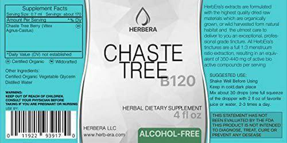 Chaste Tree B120 Alcohol-Free Herbal Extract Tincture, Super-Concentrated Organic Chaste Tree (Vitex Agnus-Castus) Dried Berry (4 fl oz)