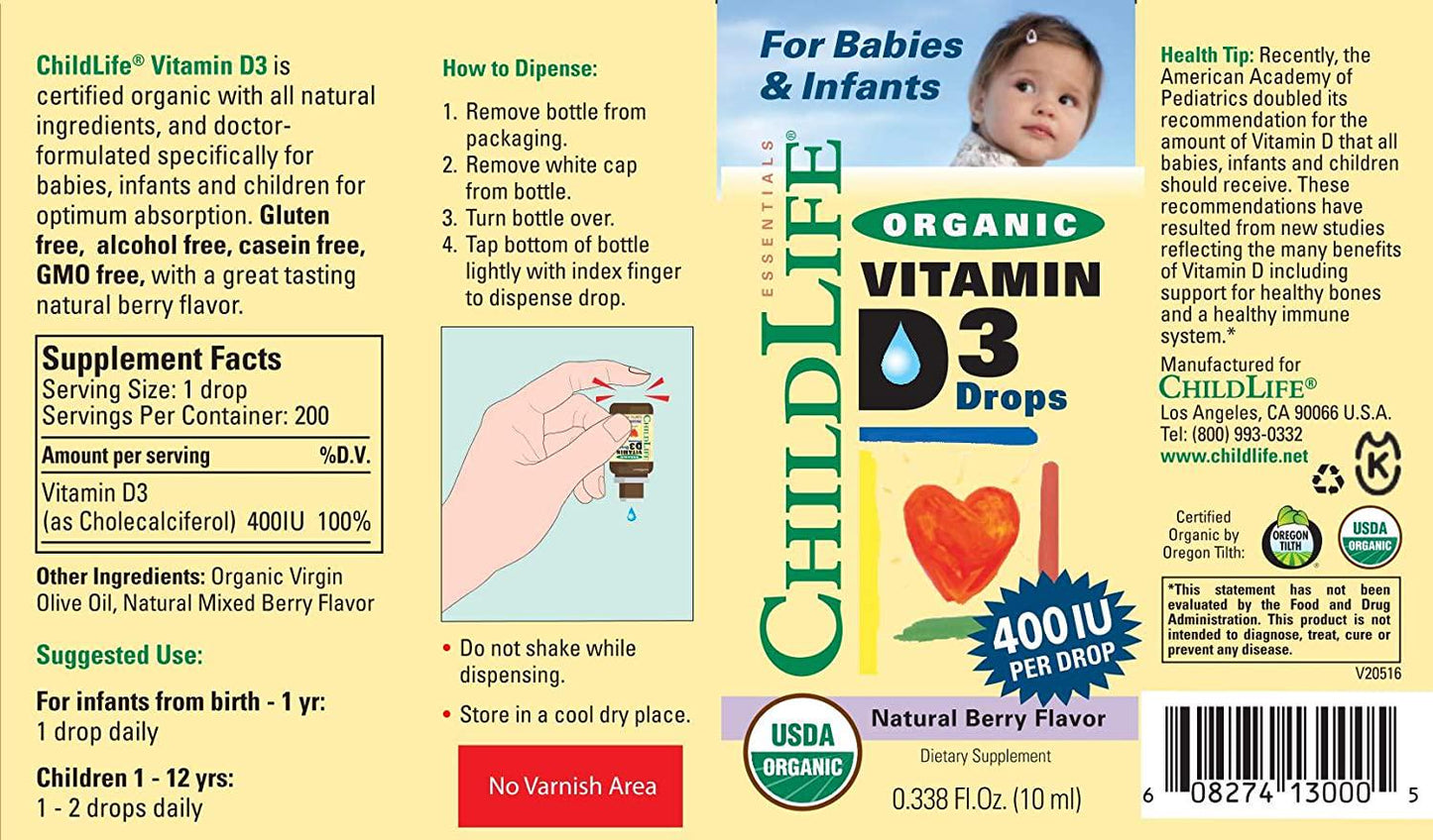 Childlife Child Life Organic Vitamin D3 Liquid, Natural Berry, 0.338 Fluid Ounce (1 Pack)