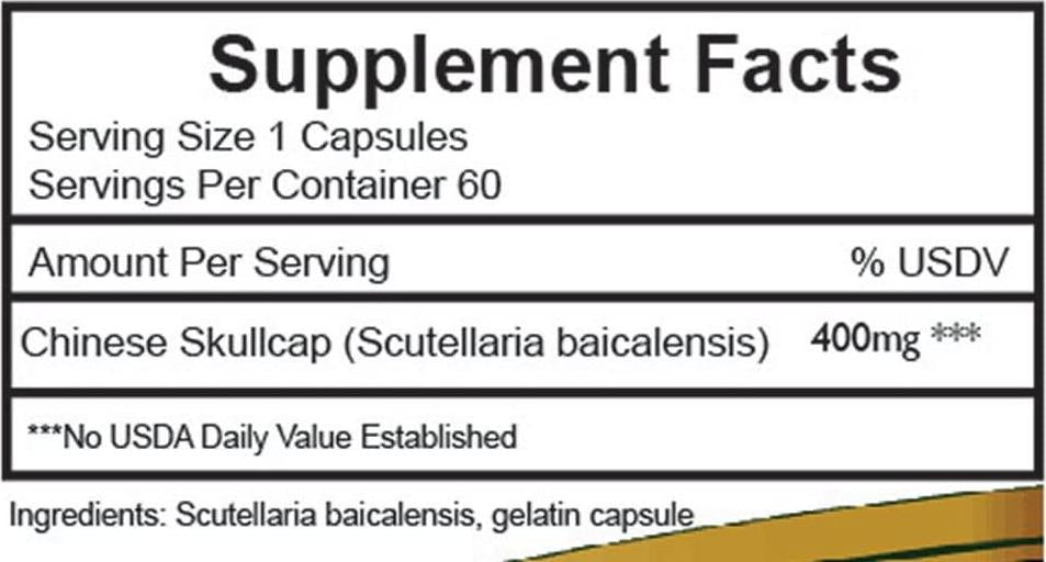 Chinese Skullcap, (Biacal Skullcap, Scutellaria baicalensis) Potent 85% BAC 400mg 60 Count