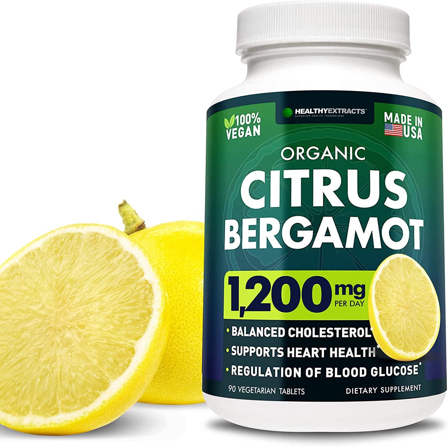 Citrus Bergamot 1500mg - Organic Cholesterol Supplement with Pure High Potency Bergamot Extract - Heart and Cardiovascular Health Support - Vegan Friendly, Diary, Gluten, Soy and GMO Free - 90 Tabs