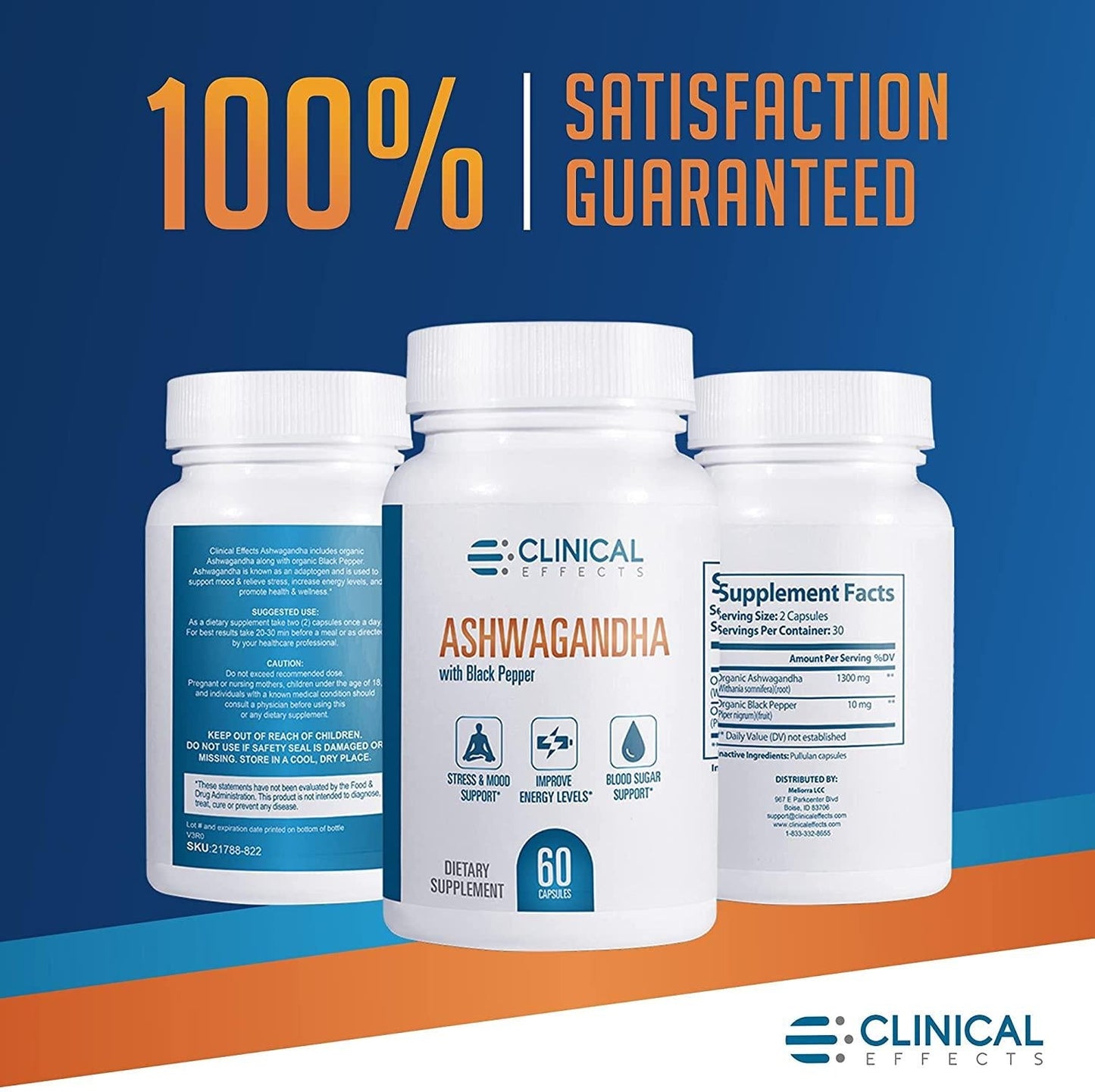 Clinical Effects: Organic Ashwagandha - Natural Stress Relief and Stamina Support - 60 Capsules - with Black Pepper for Enhanced Absorption - No GMO - Suitable for Vegetarians - Made in The USA