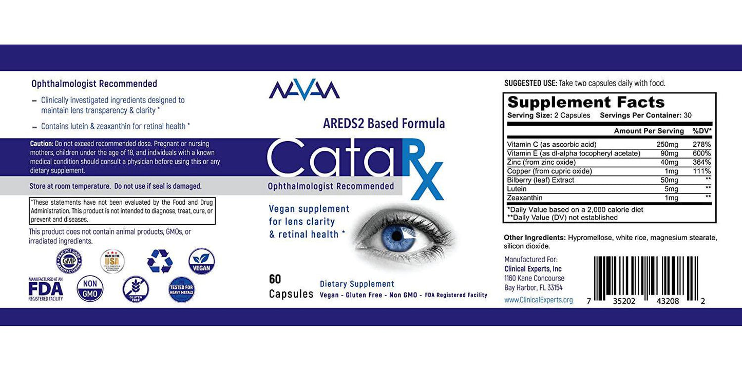 Clinical Experts CataRx Eye Vitamins Vegan Vision Supplements for Men and Women Non-GMO and Non-Gluten Vitamins for Eyes AREDS2 Based Vitamins for Lens Clarity and Retinal Function 60 Capsules