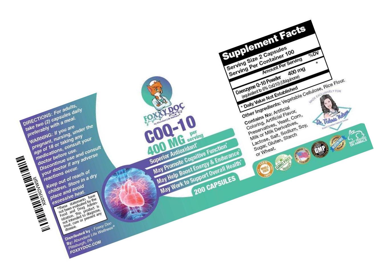 CoQ10 - Co-Enzyme Q10-400 mg - 200 Caps - Pure and High Absorption - Vegetable Capsules - Non-GMO - 100 Day Supply Heart and Cellular Energy by Foxxy Doc