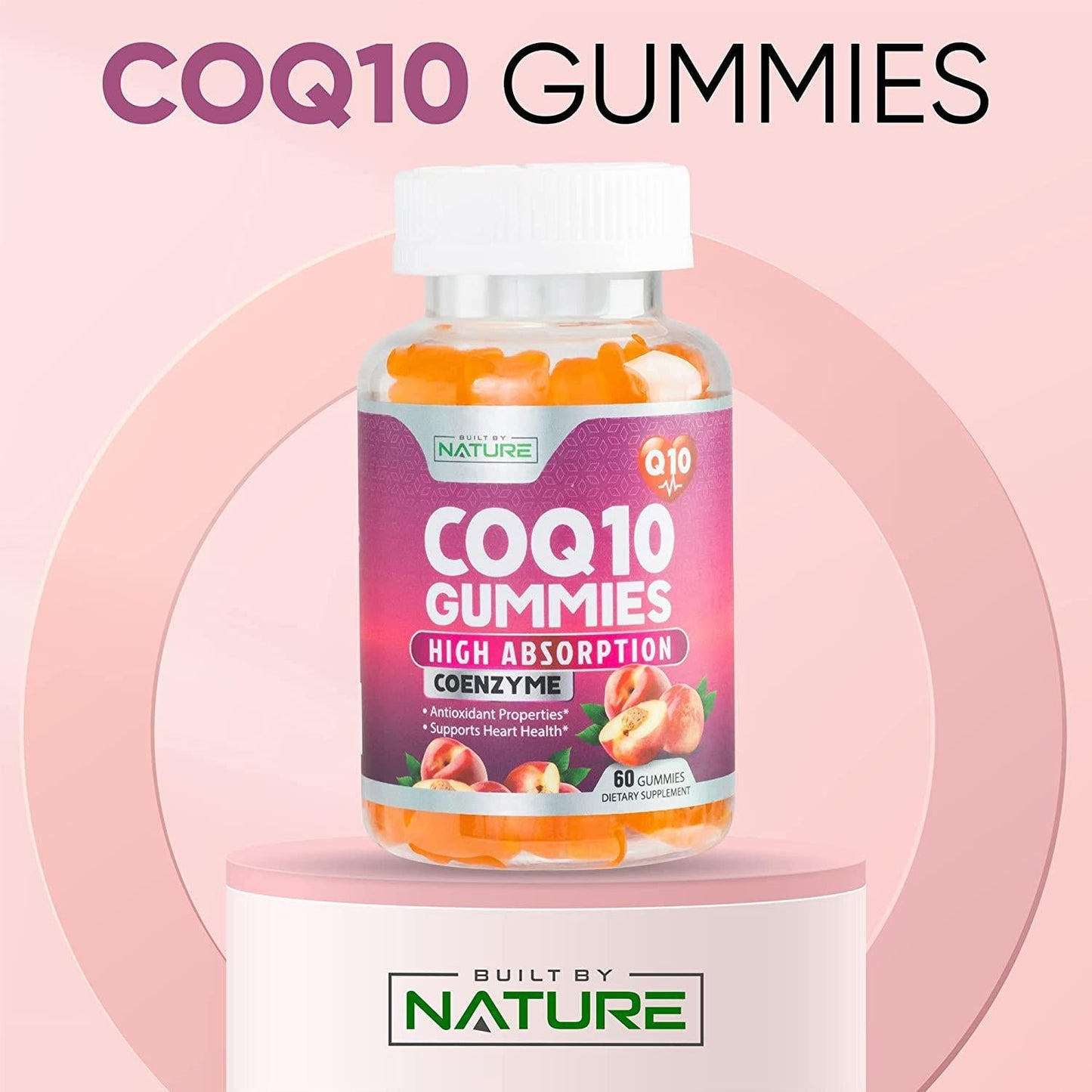 CoQ10 Gummies High Absorption Coenzyme Q10 Supplement, Chewable CoQ10 Gummy 100mg for Heart and Energy Support, Tasty Peach Flavor, 60 Gummies