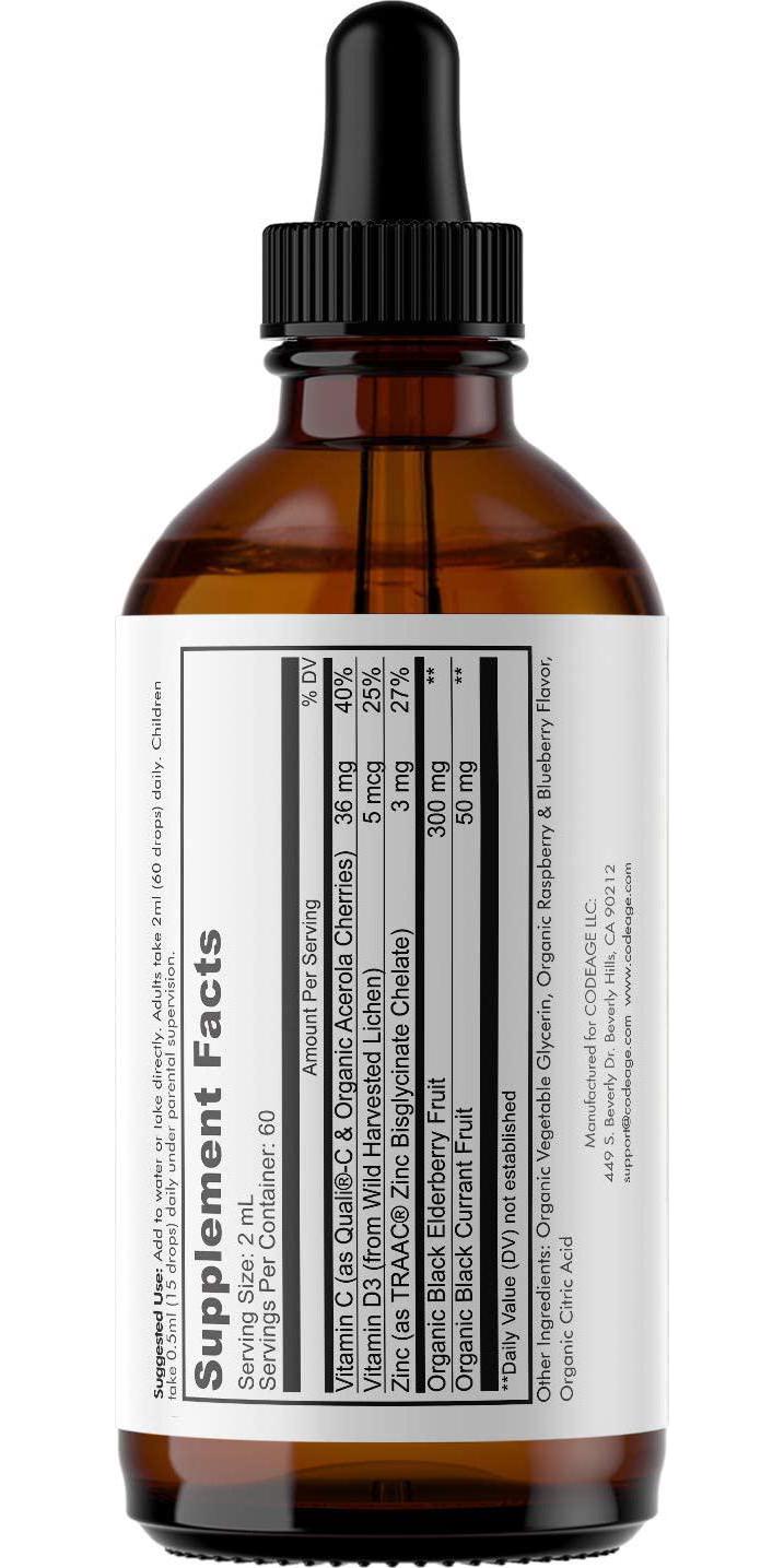 CodeAge Organic Black Elderberry Syrup Vitamins C D Zinc Blueberry and Raspberry - 4 fl oz