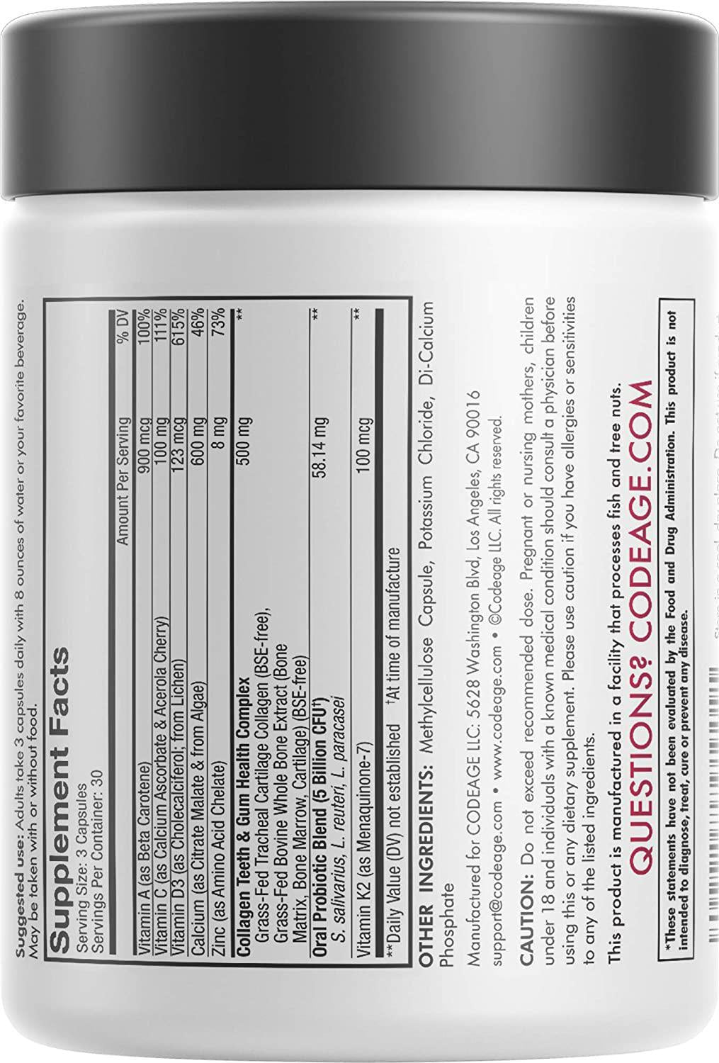 Codeage Teeth Gums and Bone Strength + Oral Probiotic Supplement for Mouth Throat Immunity Support Oral Dental and Bone Health - Plant-Based Calcium, Magnesium, Vitamin D3 C K2, Collagen - 90 Capsules