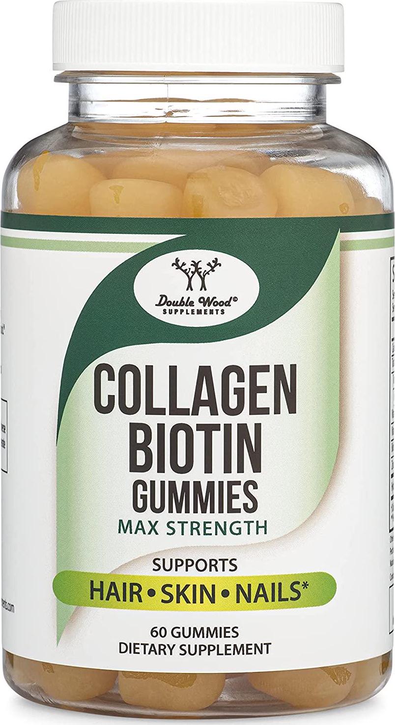 Collagen Biotin Gummies Max Strength - Enhanced with Vitamin C, Zinc, and Vitamin E (Anti Aging for Women and Men) 60 Hair, Skin, Nails Gummies by Double Wood Supplements