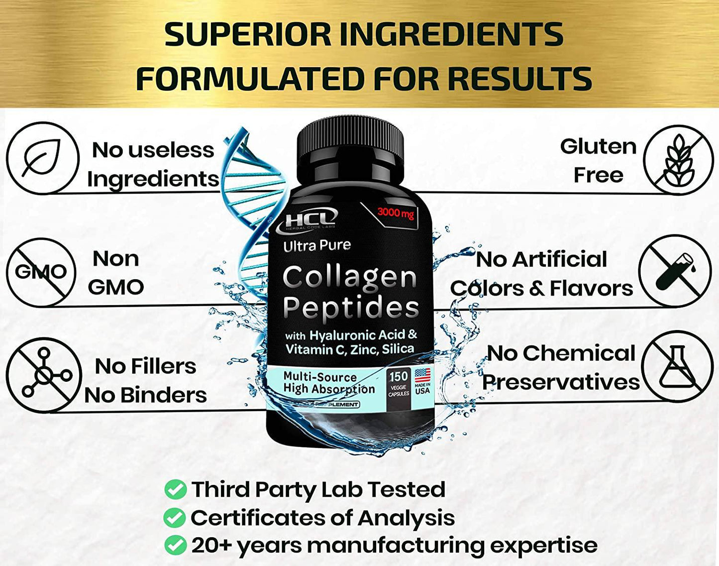 Collagen Peptides Pills - from Cleanest Sources and Super High Absorption with Hyaluronic Acid Vitamin C Zinc Silica - Organic Hydrolyzed Multi Type I, II, III, V, X - Skin Hair Joint Supplement - USA