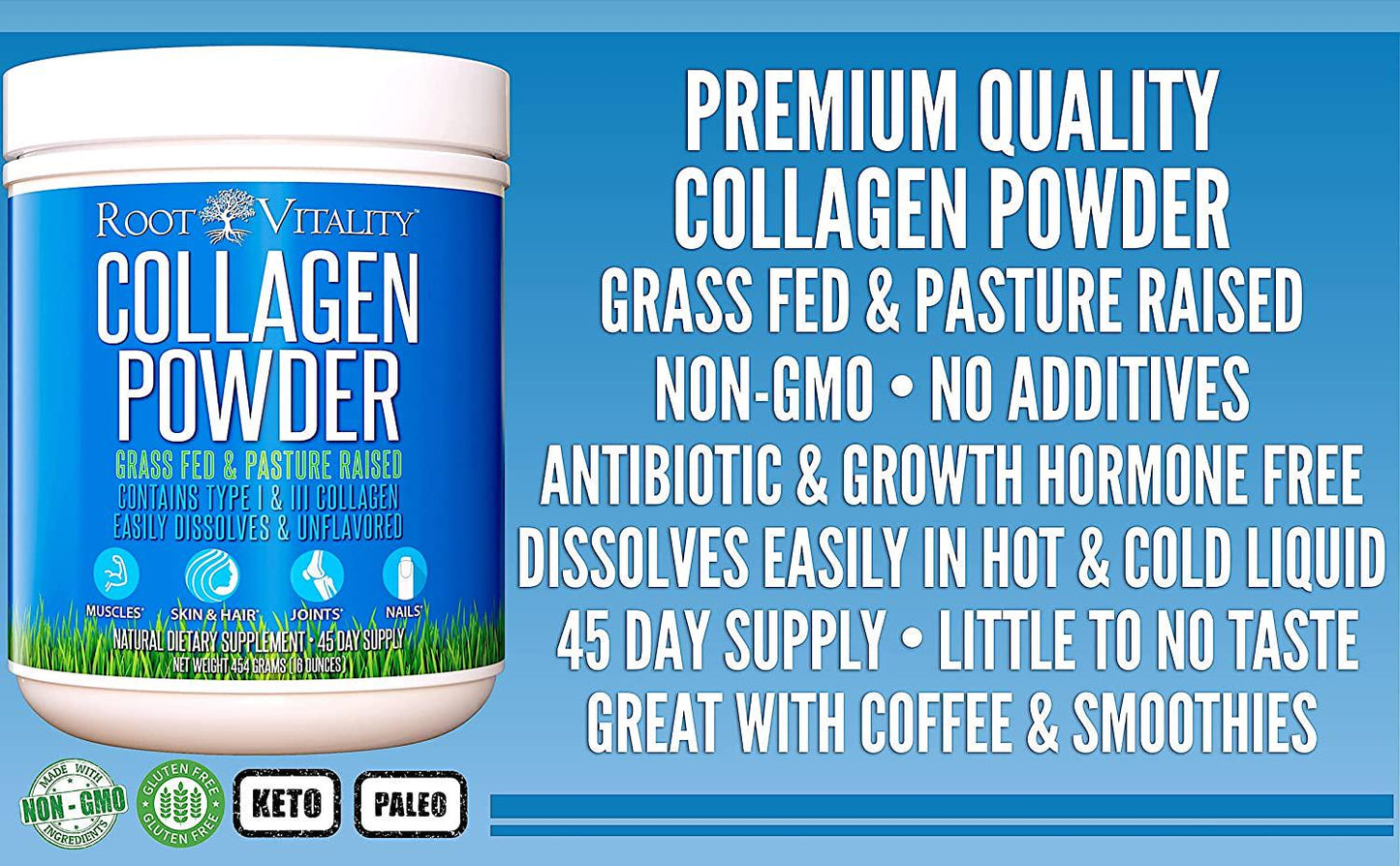 Collagen Peptides Powder, Grass Fed, Premium Quality, Collagen Protein Powder, Pasture Raised, Easily Dissolves, Unflavored, Keto and Paleo Friendly, Non-GMO, 16 Ounces