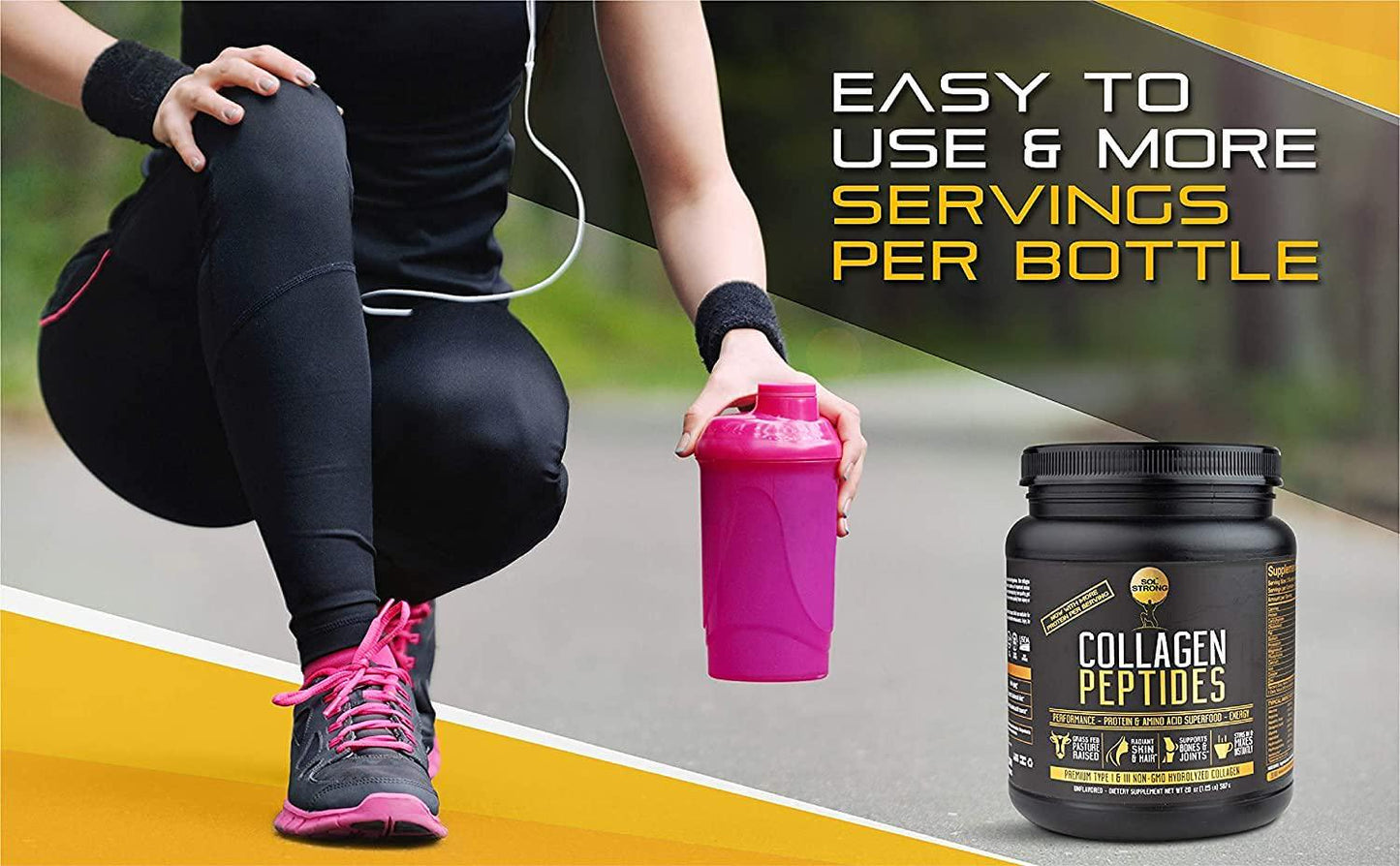 Collagen Peptides Protein Powder Sol Strong Collagen Powder Pasture-Raised, Non-GMO and Grass-Fed Hydrolyzed Collagen Peptides, Gluten-Free Certified Paleo, Keto and Whole 30 Friendly 20oz USA Extra Large