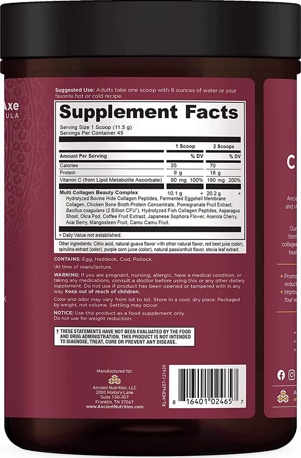 Collagen Powder Protein by Ancient Nutrition, Multi Collagen Protein Beauty Within, Guava Passionfruit, with Vitamin C, Hydrolyzed Collagen Peptides Supports Healthy Skin and Nails, 18.4oz