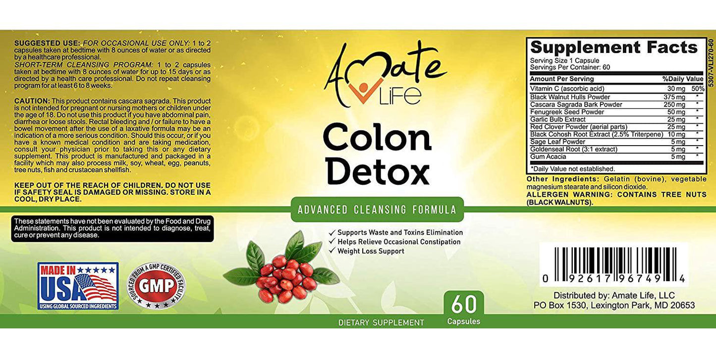 Colon Detox Advanced Cleansing Formula- All-Natural Men and Women Weight Loss Capsules- Colon Cleansing Dietary Supplements- Herbal Laxative- Colon Cleanser - Fibre Complex- 60 Capsules