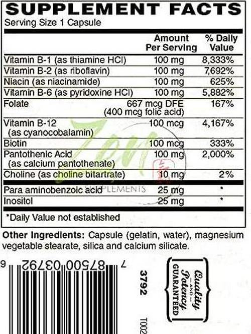 Complete B-Complex Vitamin Supplement - Full-Spectrum B Vitamin Supplement with Folic Acid, Biotin, Inositol - for Immune and Cardio Health, Energy Metabolism - 100 Capsules