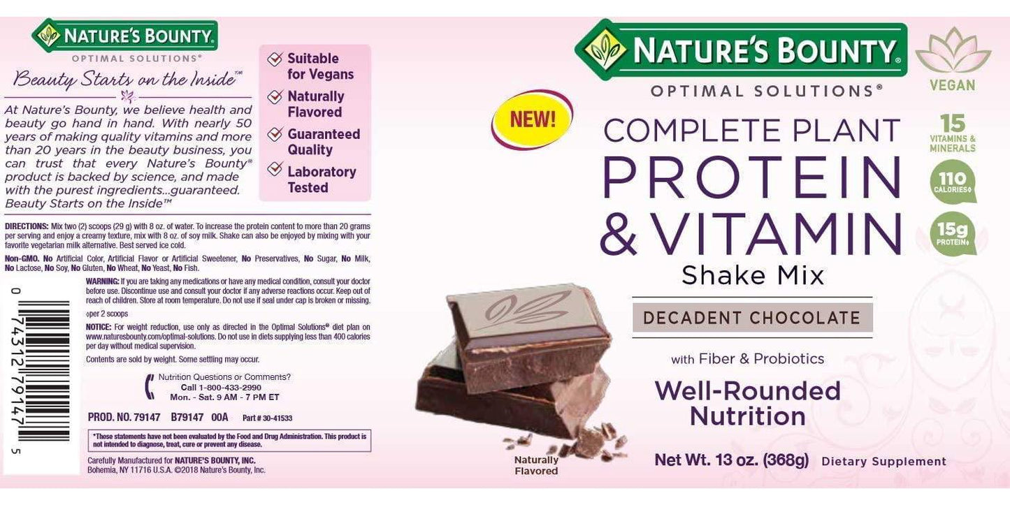 Complete Plant Protein and Vitamin Shake Mix by Nature's Bounty Optimal Solutions, with Fiber and Probiotics, Plant Based, Decadent Chocolate, 13 Oz