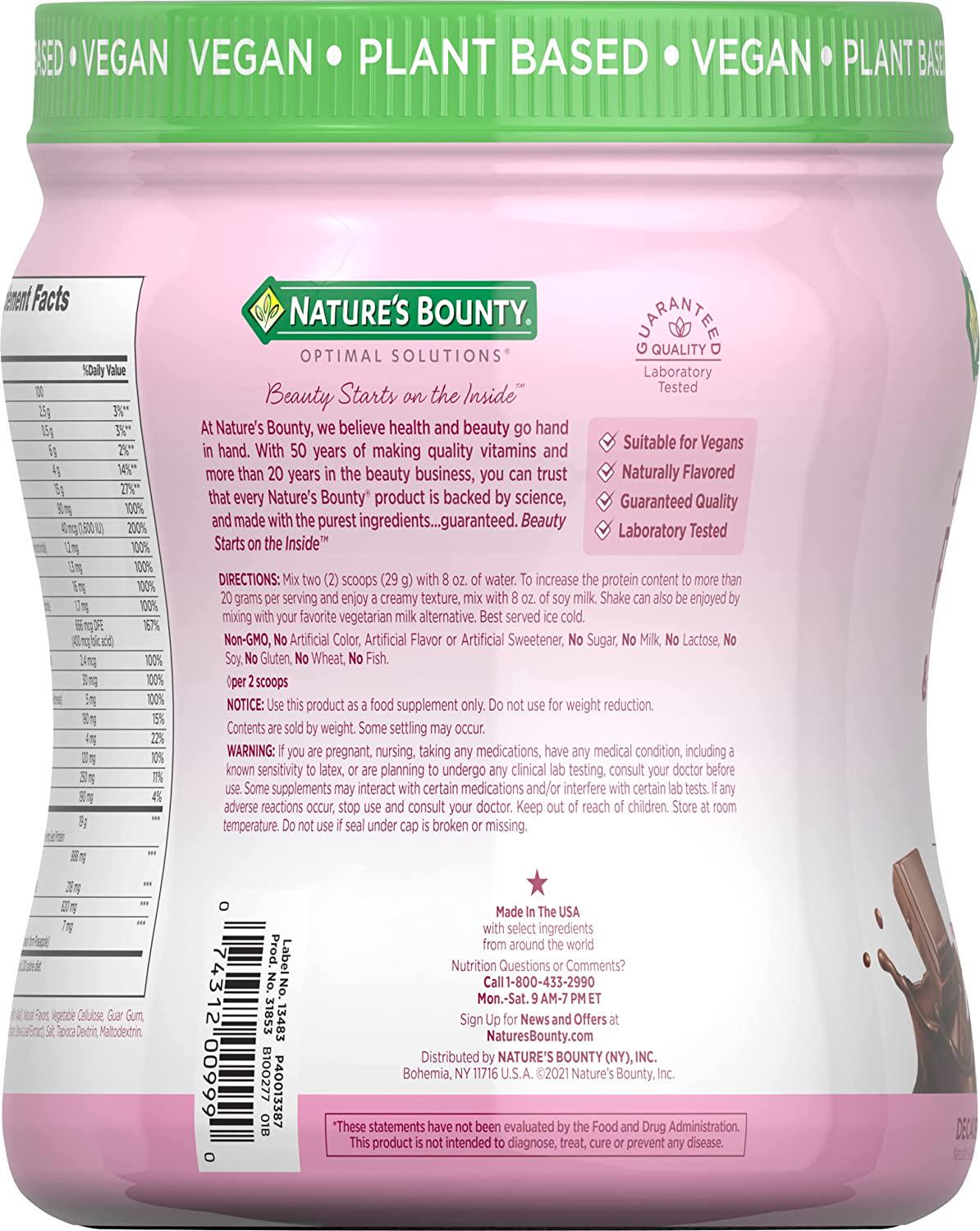 Complete Plant Protein and Vitamin Shake Mix by Nature's Bounty Optimal Solutions, with Fiber, Plant Based, Decadent Chocolate
