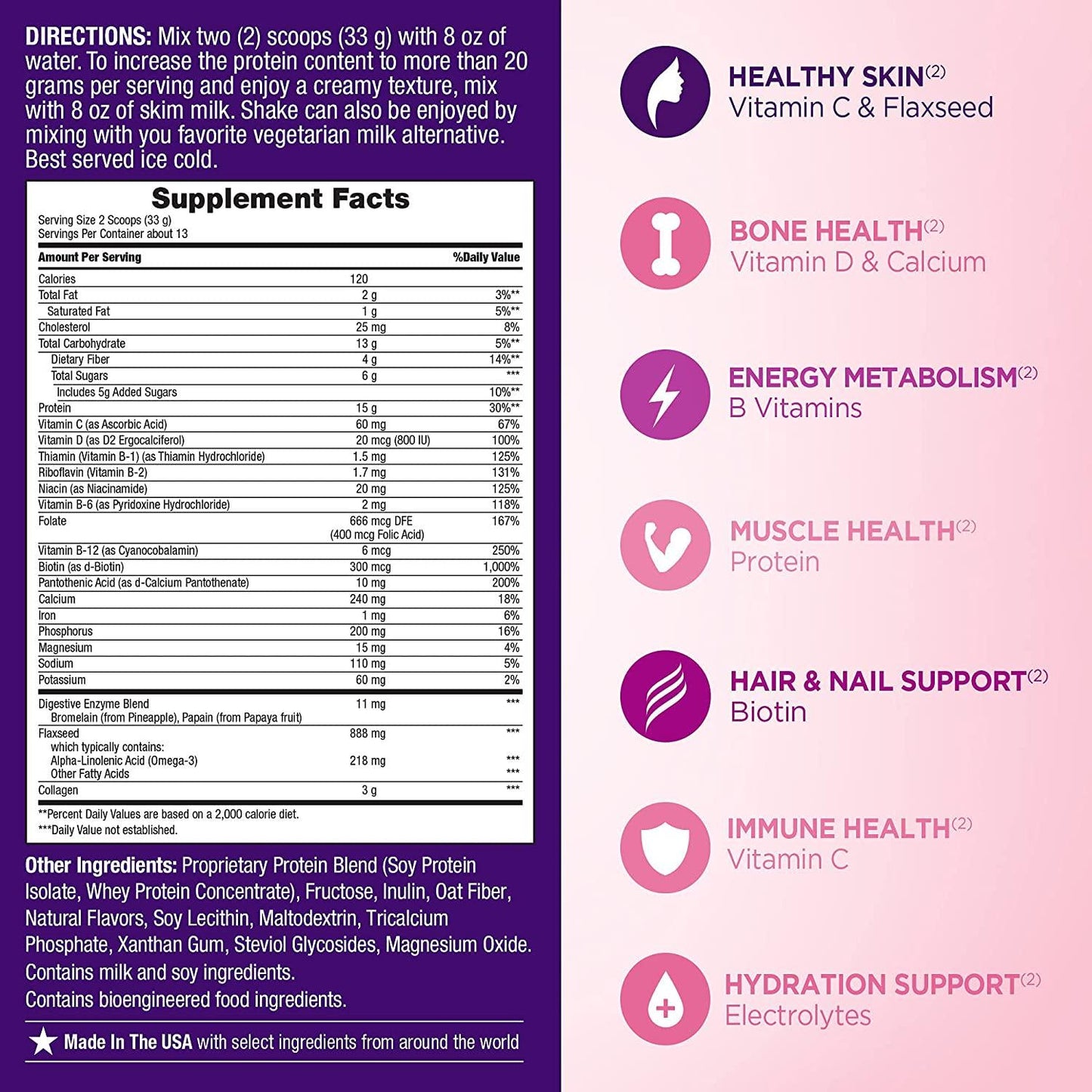 Complete Protein and Vitamin Shake Mix Nature’s Bounty Optimal Solutions, with Collagen and Fiber, Vanilla Flavored