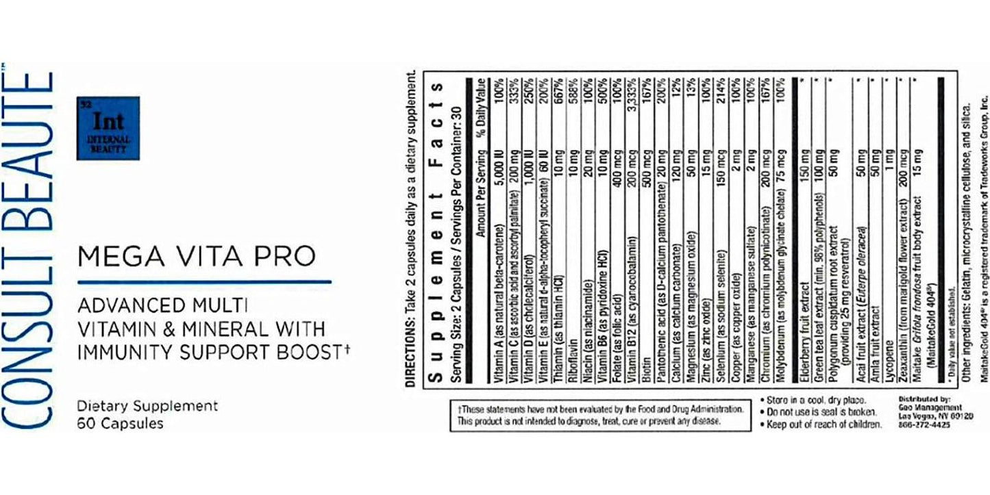 Consult Beaute Mega Vita Pro Advanced Multi Vitamin and Mineral with Immunity Support 180 Capsules 90 Day