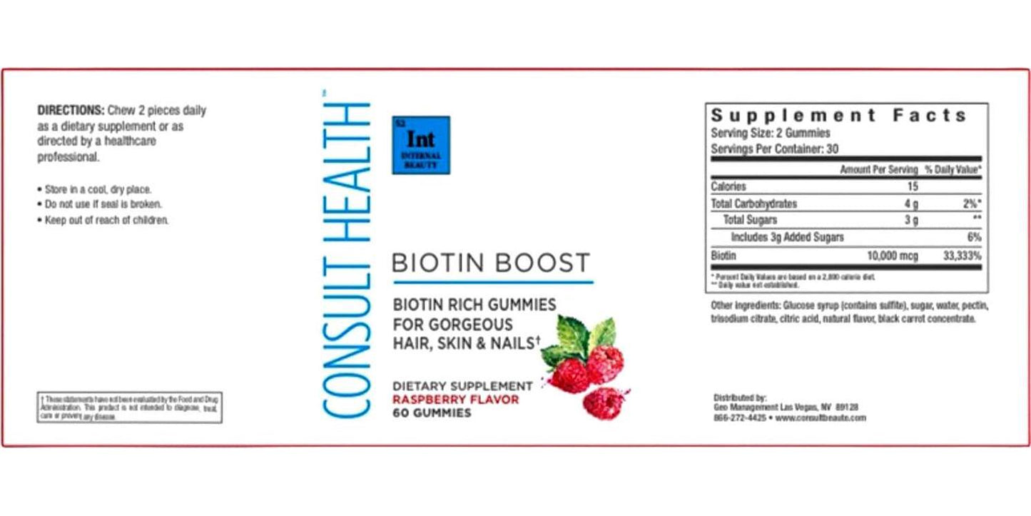 Consult Health Biotin Boost Biotin Rich Gummies for Gorgeous Hair, Skin and Nails 10,000 mcg Dietary Supplement Raspberry Flavor 60 Count (1 Pack)