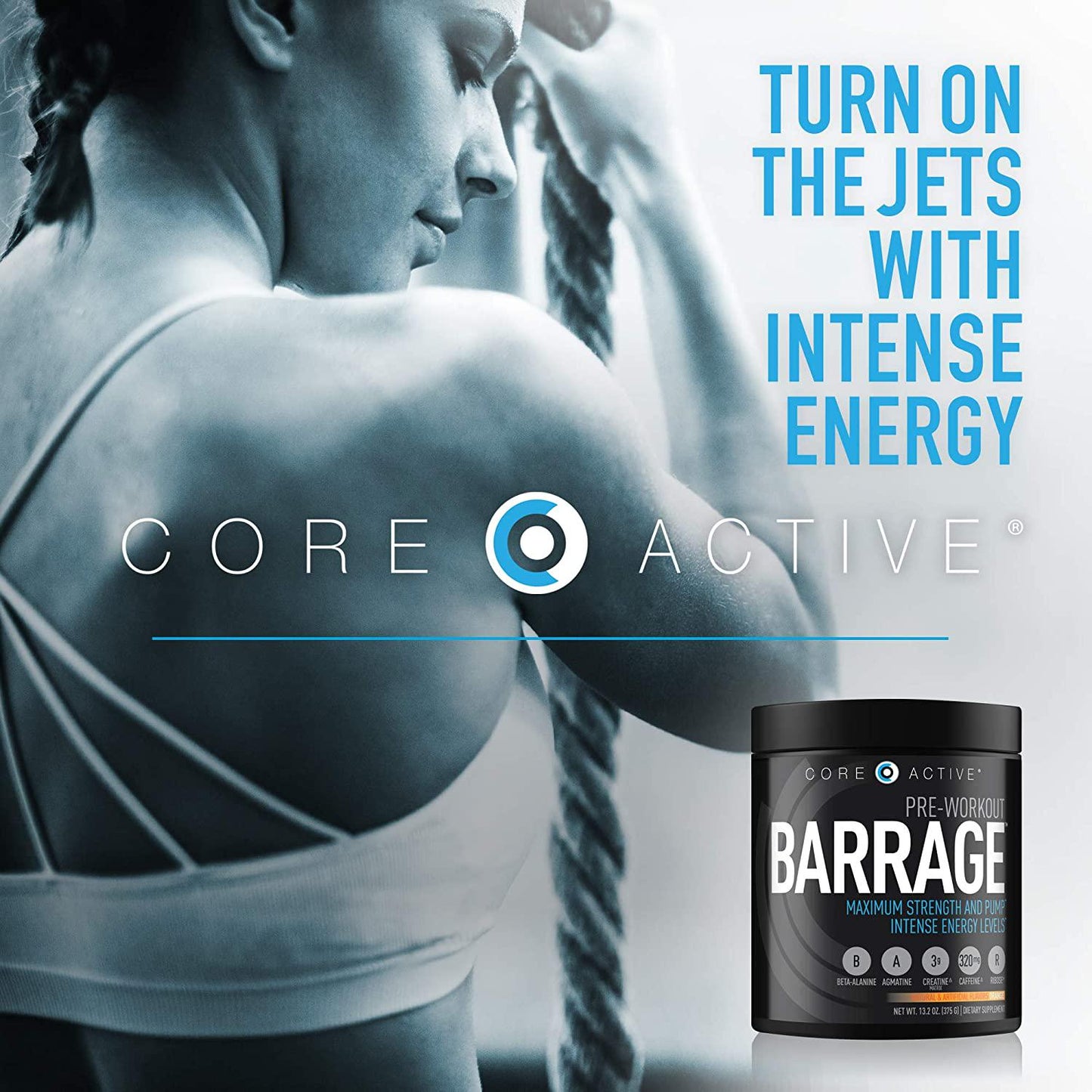 Core Active Barrage Pre Workout Powder - Preworkout for Women and Men, Creatine Powder, Beta Alanine, Agmatine Sulfate, and Caffeine - Muscle Builder for Men with Intense Energy - Orange (30 Servings)
