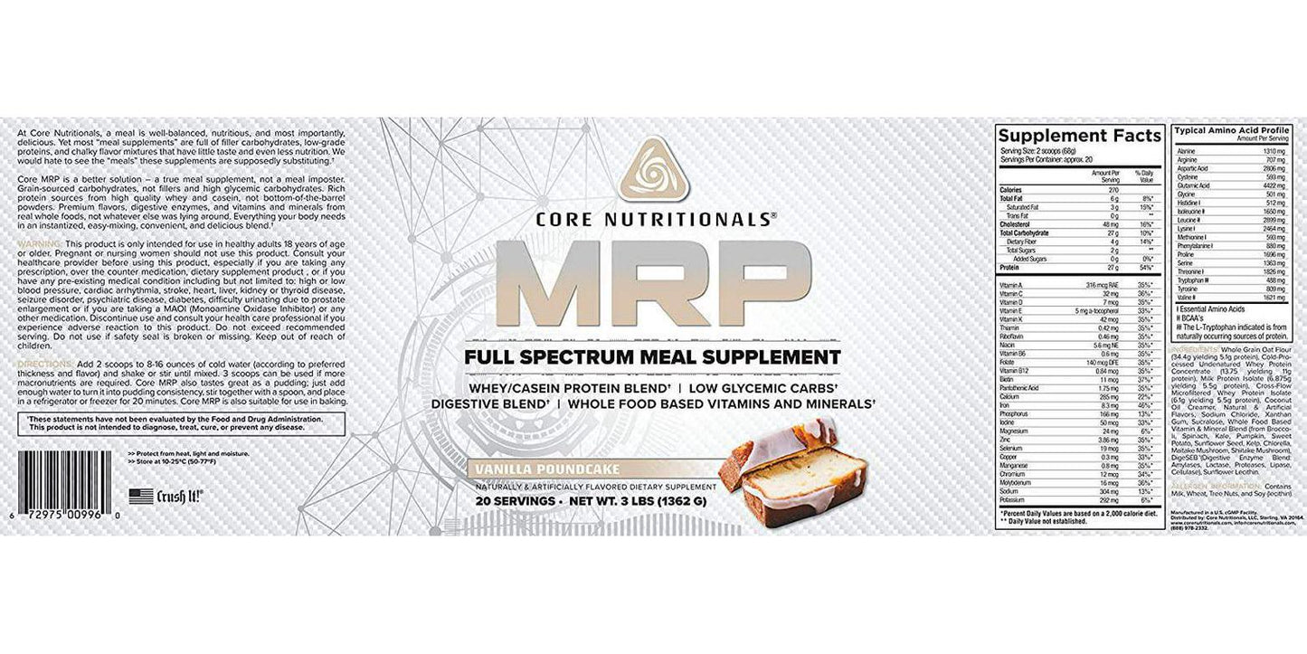 Core Nutritionals Platinum MRP Full Spectrum Meal Replacement, Sustained Release for All Day Amino Acid Support, 27G Protein, 20 Servings (Vanilla Poundcake)