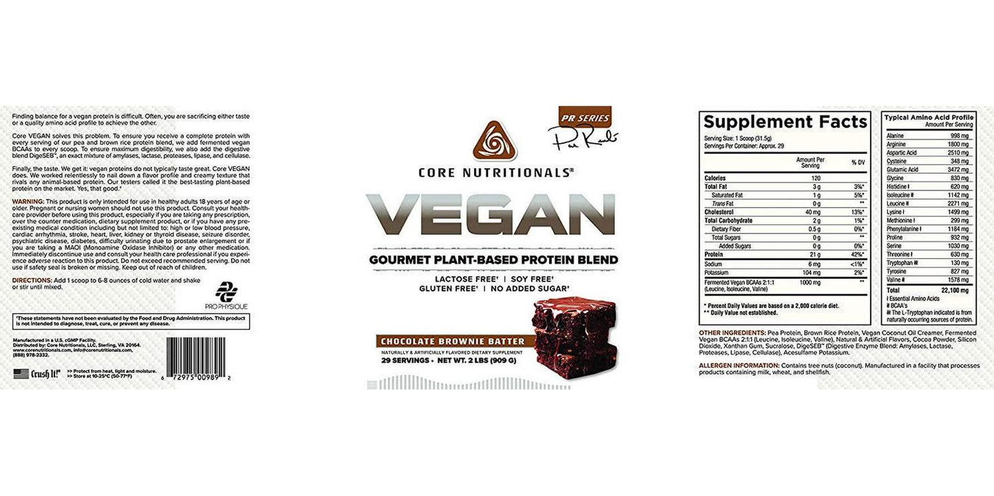 Core Nutritionals Platinum Vegan Gourmet Plant-Based Protein Blend with 21Grams of Pea Protein, Lactose, Soy and Gluten Free 29 Servings (Chocolate Brownie Batter)