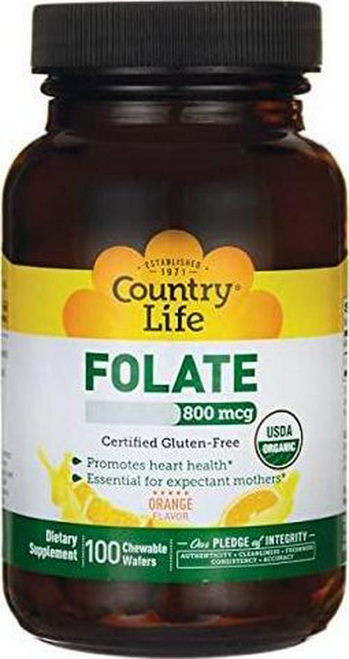 Country Life Folate 800 mcg - 100 Chewable Wafers - Promotes Heart Health - Essential for Expectant Mothers