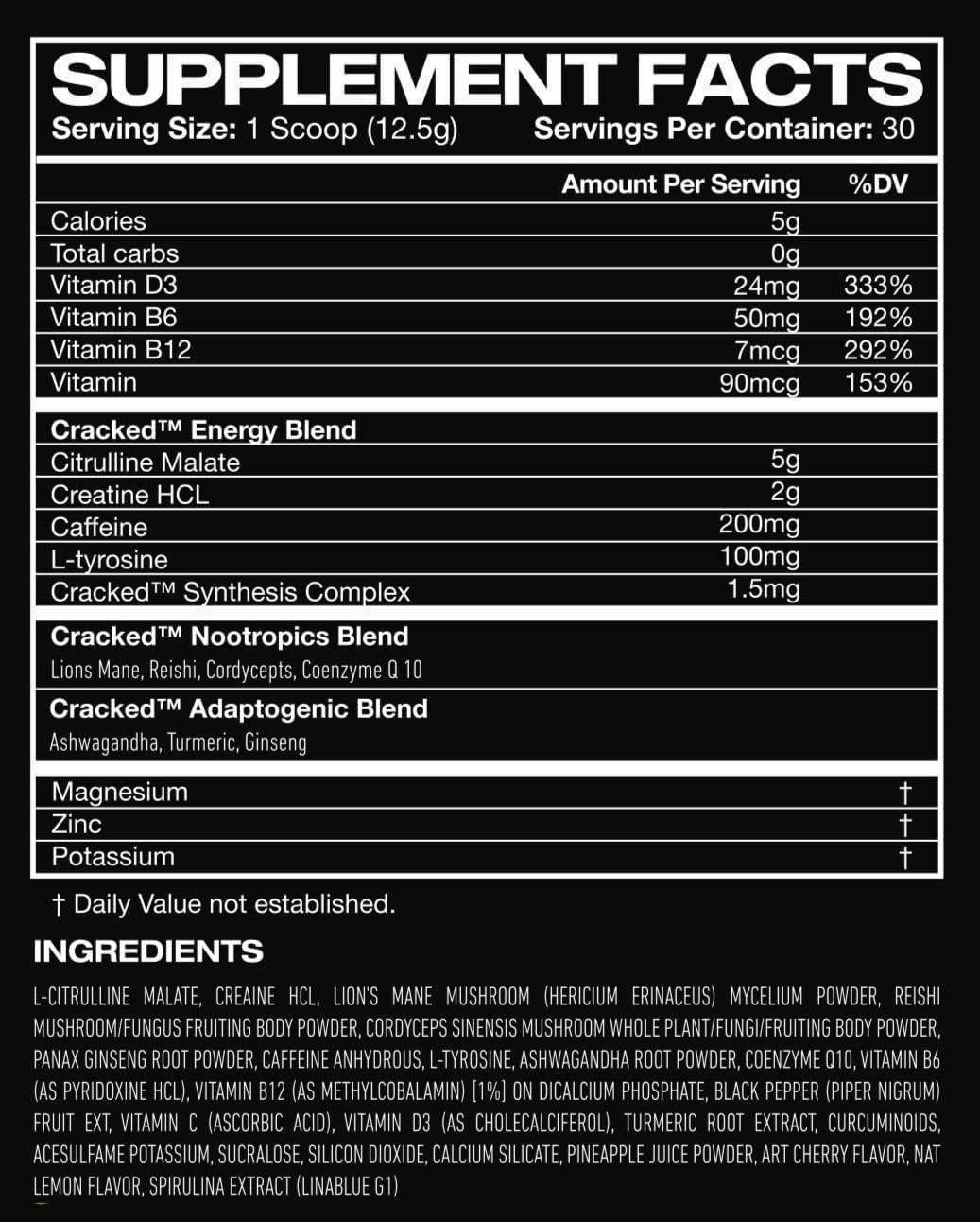 Cracked Rx Nootropic Energy Focus Endurance Powder Drink Without Beta Alanine Free no Itch Natural Pre-Workout (Fruiting Body Mushrooms, Ashwagandha, Creatine HCL, Vitamins and Dopamine Boost)