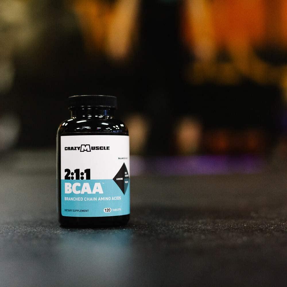 Crazy Muscle BCAA Capsules (1000mg) Pre and Post Workout Supplement with Essential Branched Chain Amino Acids, Improve Muscle Recovery, Boost Energy (120 Pills)