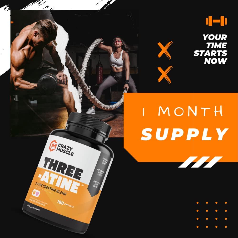 Creatine Monohydrate Capsules by Crazy Muscle - Easy to Swallow - High Absorption - Keto Friendly Three-Atine Blend for Muscle Endurance Growth and Repair - 5g of Creatine per Serving - 1 Month Supply