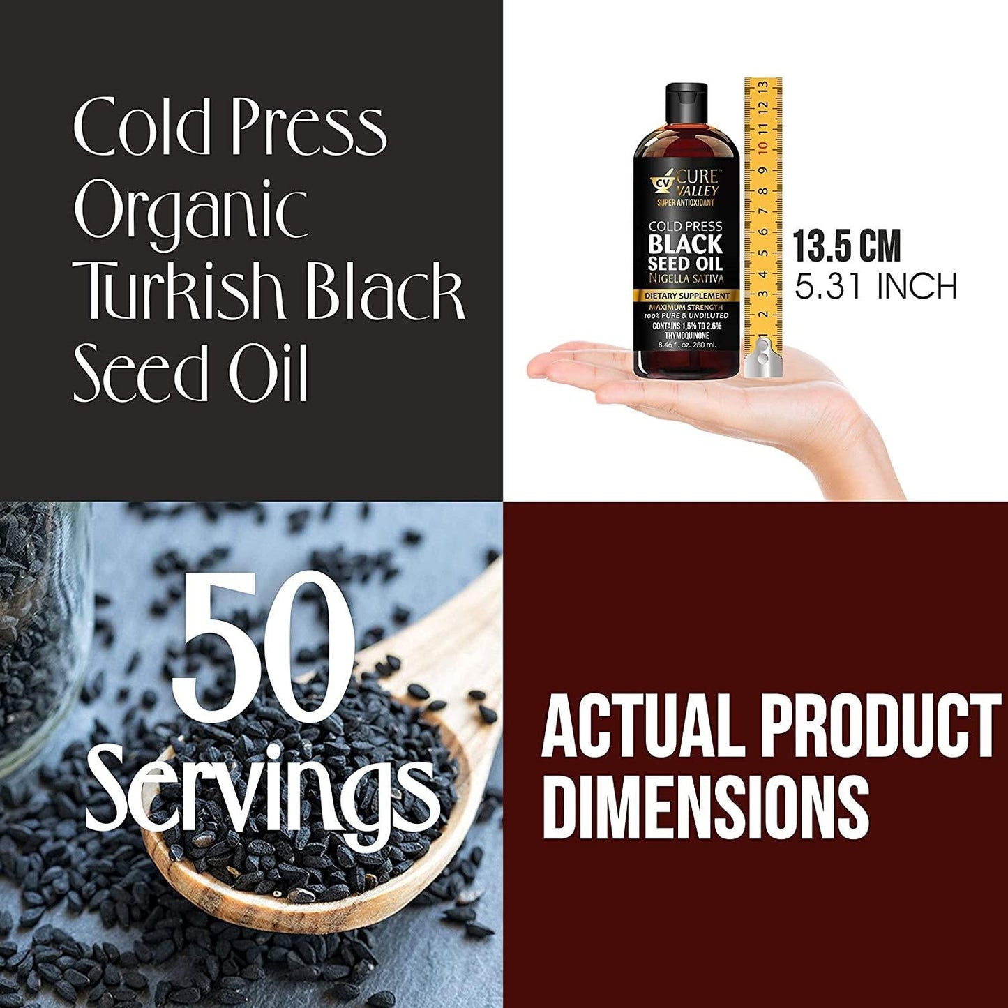 Cure Valley Black Seed Oil 8.4oz: Higher Bioavailabilty Faster Absorbtion, Very High Thymoquinone, Cold Pressed, 100% Turkish Black Cumin Seed Oil, Non-GMO, 100% Liquid Pure Black Seed Oil