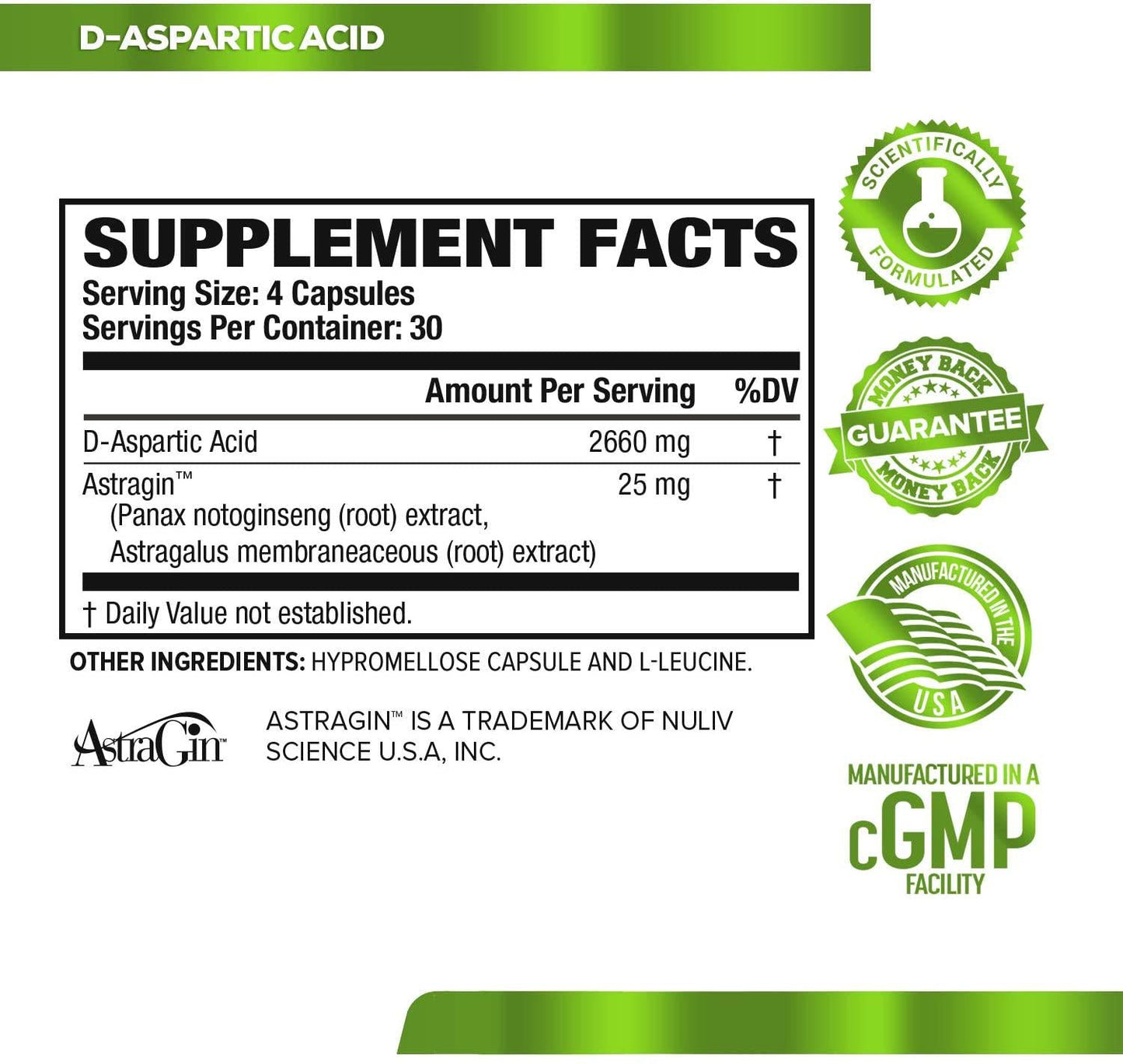 DAA D Aspartic Acid Supplement - Fortified with Astragin for Enhanced Absorption, Zero Artificial Fillers - 120 Veggie Capsule Pills