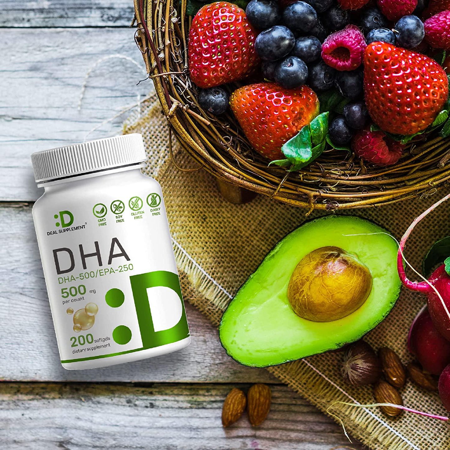 DHA Supplements - DHA 500mg, EPA 250mg, 200 Softgels, Burpless, Omega-3s 1000mg, Support Brain Health - Premium DHA EPA Omega 3 Supplement