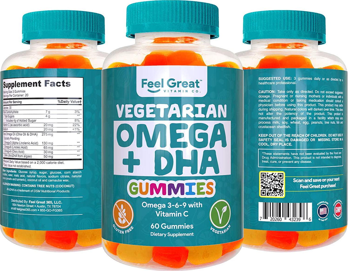 DHA and Omega Vegetarian Gummy Vitamins by Feel Great 365, Packed with Vitamin C, Chia, and Omega 3 6 9, Supports Brain and Immune Functions, Men and Women 21 to 65 Plus, (60 Count)
