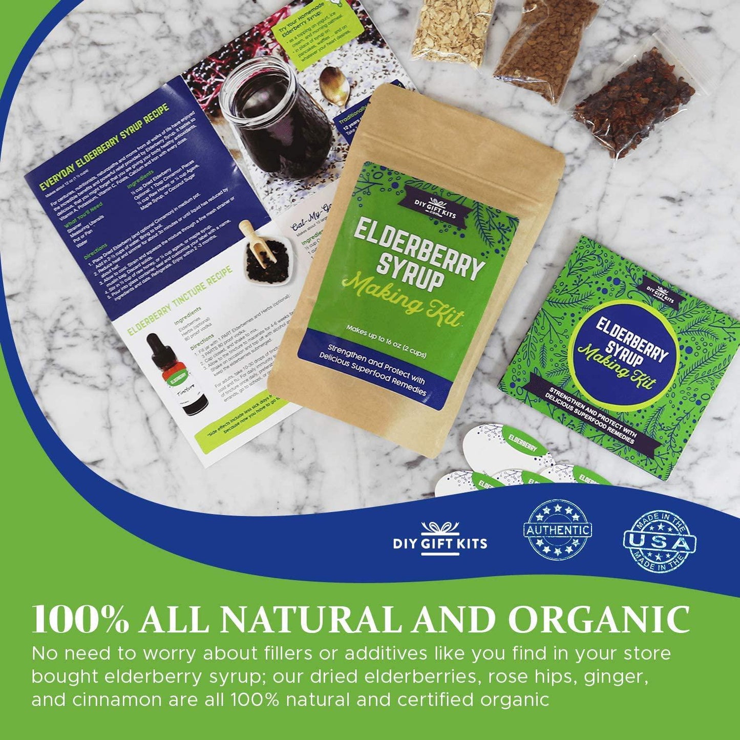 DIY Gift Kits Organic Elderberry Syrup Kit, 4 Herbal Recipe Pack Makes 25+ Servings