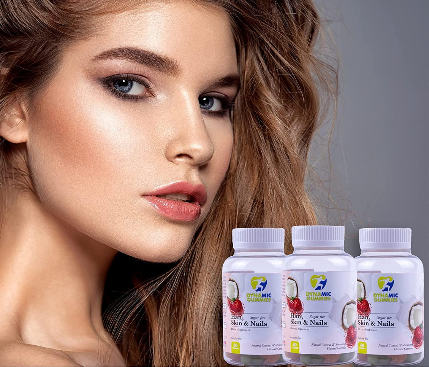 DYNAMIC GUMMIES Hair Nails and Skin, Sugar Free Supplement for Women, Vitamin C, A, D3, E, B6 + Biotin and Folic Acid, Natural Fruit Flavors, 60 Gummies