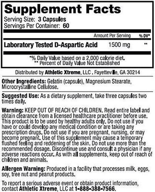 D-Aspartic Acid (DAA) 30 Day Supply of 3000 mg (500mg caps, 180 caps) Natural Booster for Men, Tested for Purity and Potency