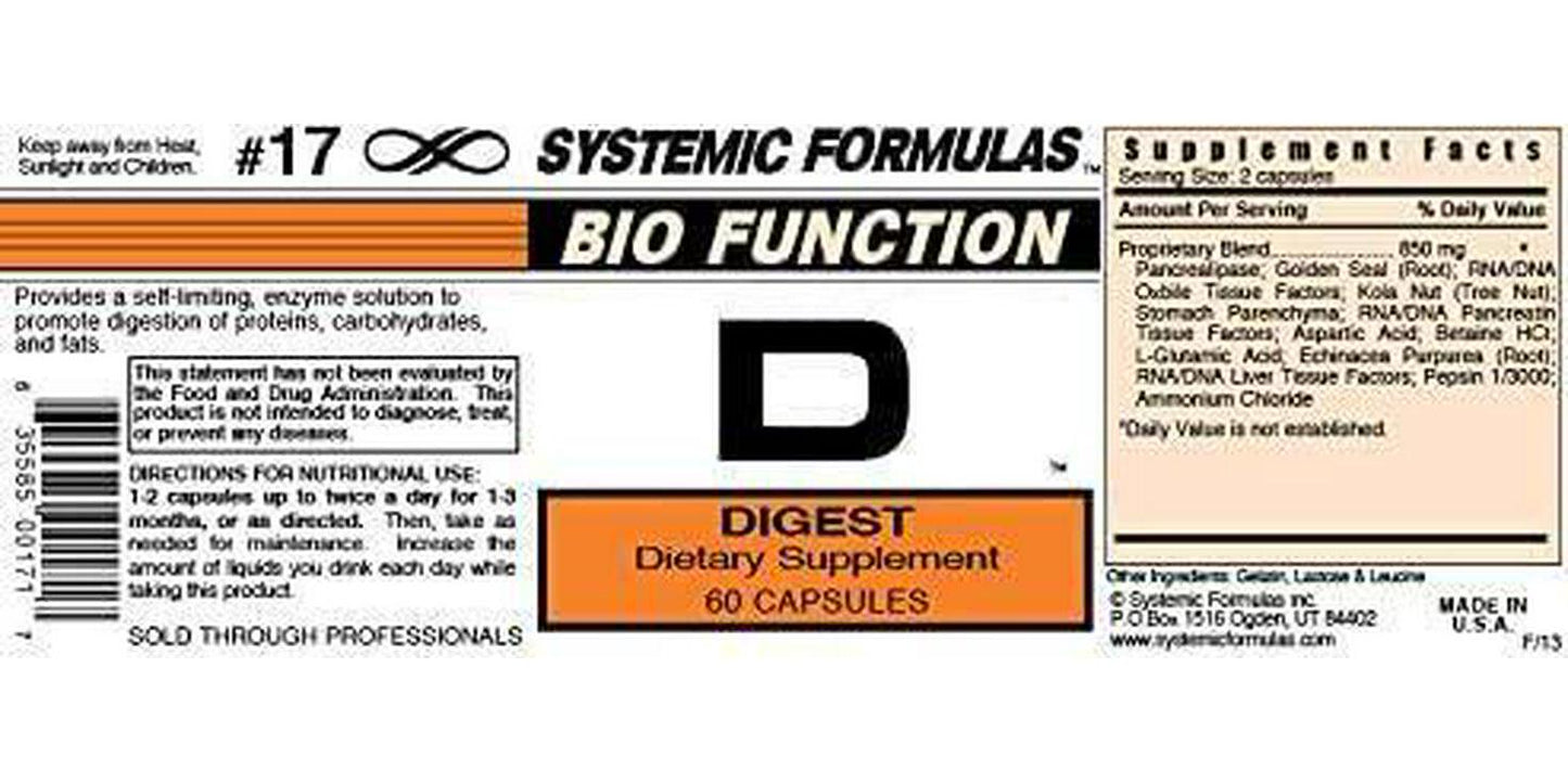 Systemic Formulas Bio Function #17 D Digest 60 Capsules. Helps Digestion of Heavy Meals and Absorption of Nutrients
