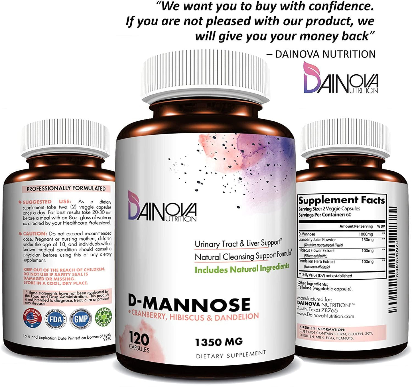 D Mannose Capsules 1350mg, D-Mannose with Cranberry for Urinary Tract Health, Bladder Control, UTI Treatment, Kidney Cleanse, Liver Support. Plus Hibiscus and Dandelion. Pills for Women and Men, 120 Ct