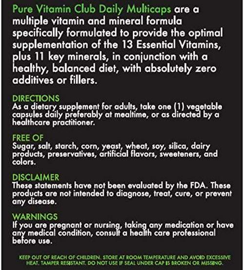 Daily Multivitamins - 90 Day Supply - NO Fillers, NO Binders, NO Added Ingredients. Simply The Perfect Blend of Vitamins and Minerals to Supplement a Balanced Diet. Pure Vitamin Club Daily Multicaps.