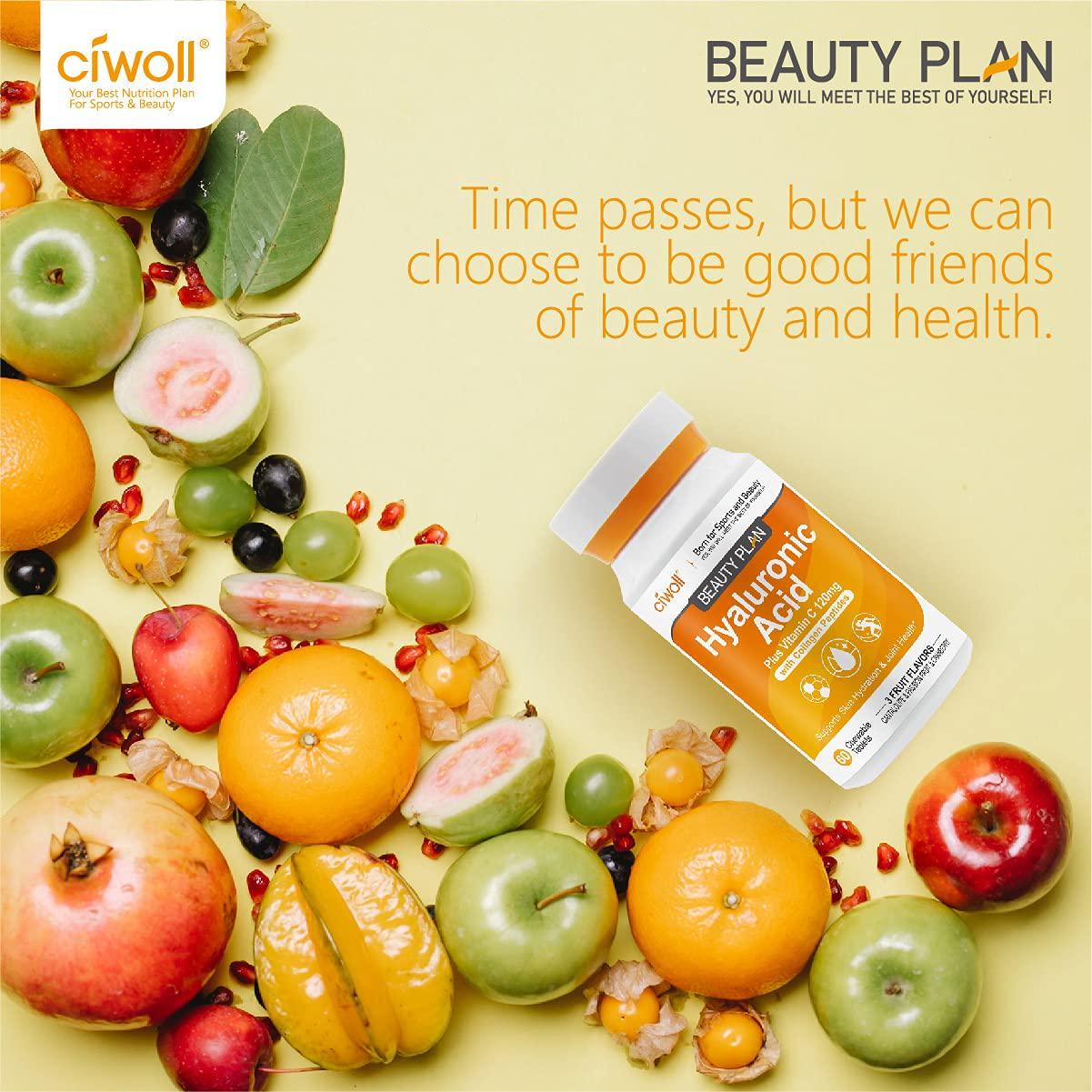 Delicious Hyaluronic Acid Supplement - Chewable Tablets Suger-Free by Ciwoll, with Vitamin C and Collagen Peptides, Supports Skin Hydration - Joints Health - Immune Boost, 3 Fruit Flavors, 20 Servings