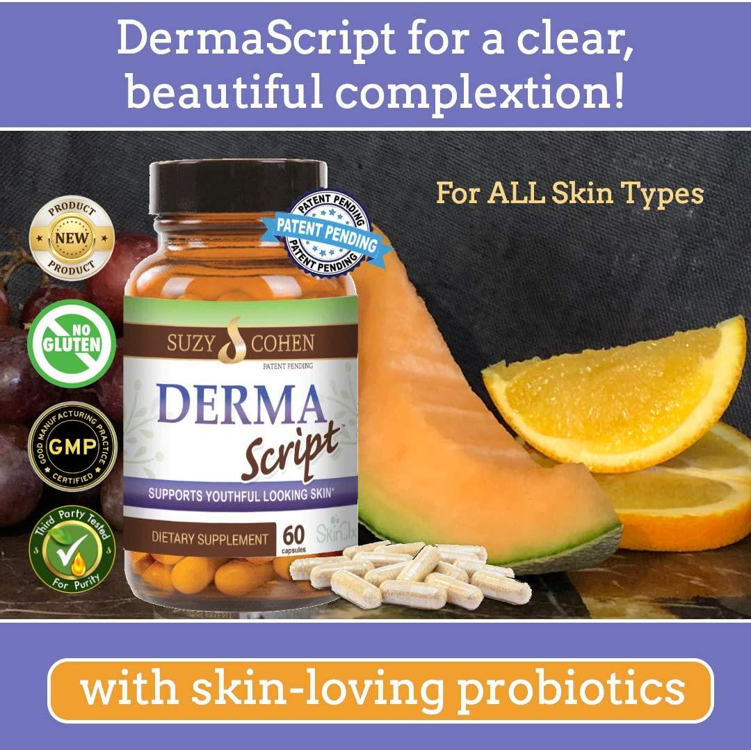 DermaScript Clear Skin Probiotic- Skin Care Routine Supplement - Biotin Face Supplemnt - Fights Acne, Dryness, Irritation and Rashes (60 Capsules)