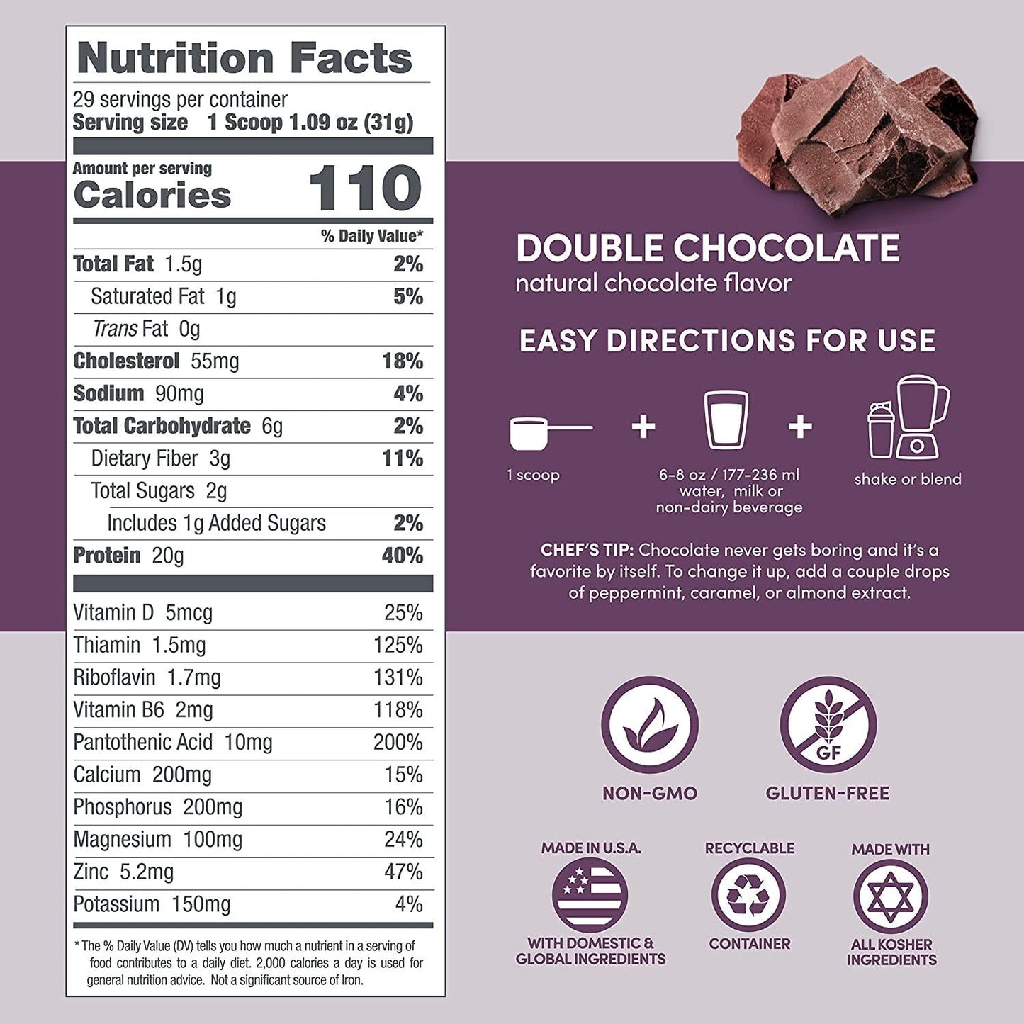 Designer Wellness Designer Whey Natural 100% Whey Protein Powder with Probiotics, Fiber, and Key B-Vitamins for Energy, Gluten-free, Non-GMO, Double Chocolate 2 lb