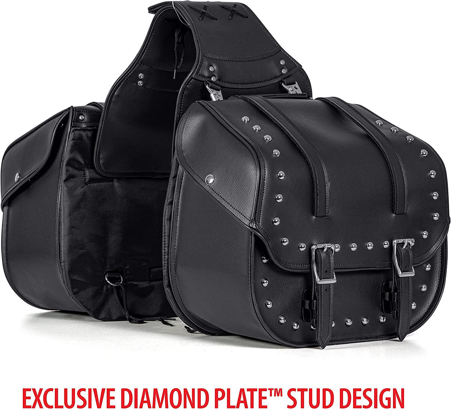 Diamond Plate 2 Piece Motorcycle Saddlebag Set, Heavy Duty Waterproof PVC with Studs, Keep Your Belongings Safe and Dry with Style, Black