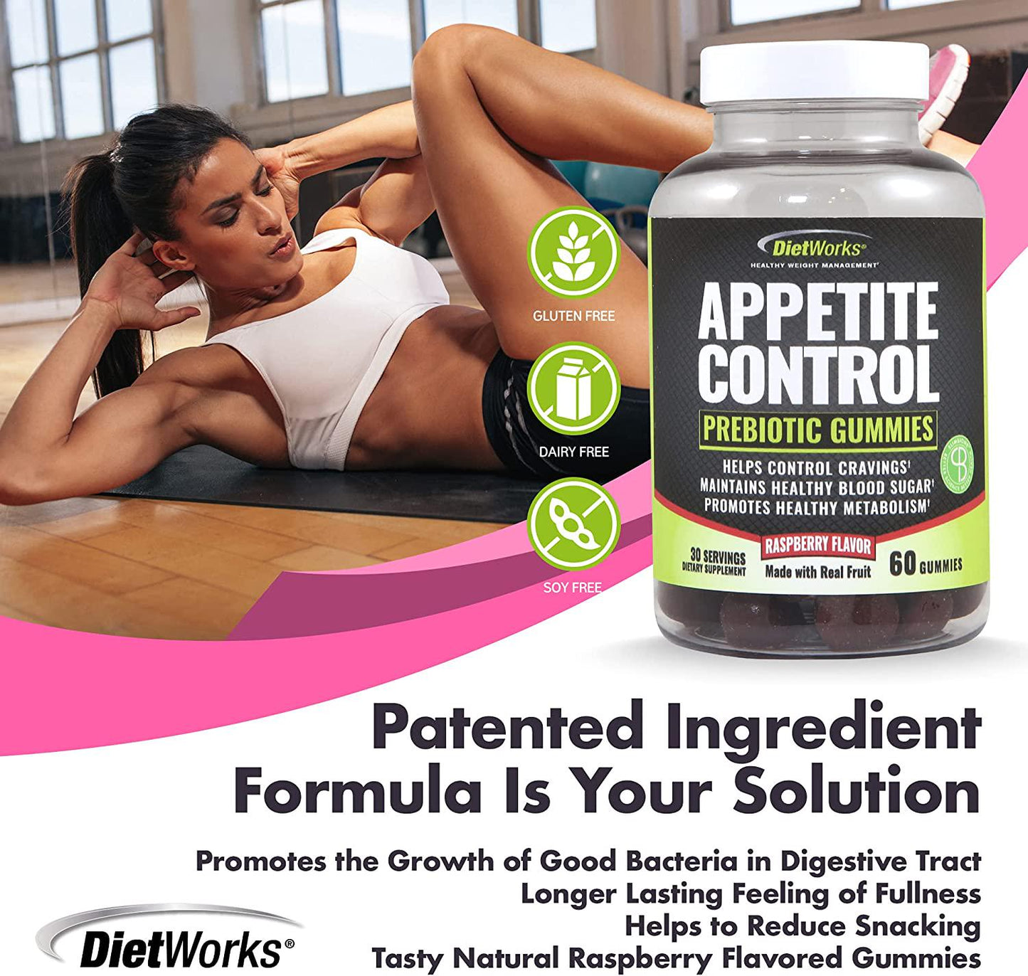 DietWorks Appetite Control Gummies, Suppressant for Weight Loss, Feel Fuller Faster, Raspberry Flavor, Black and Green, 60 Count