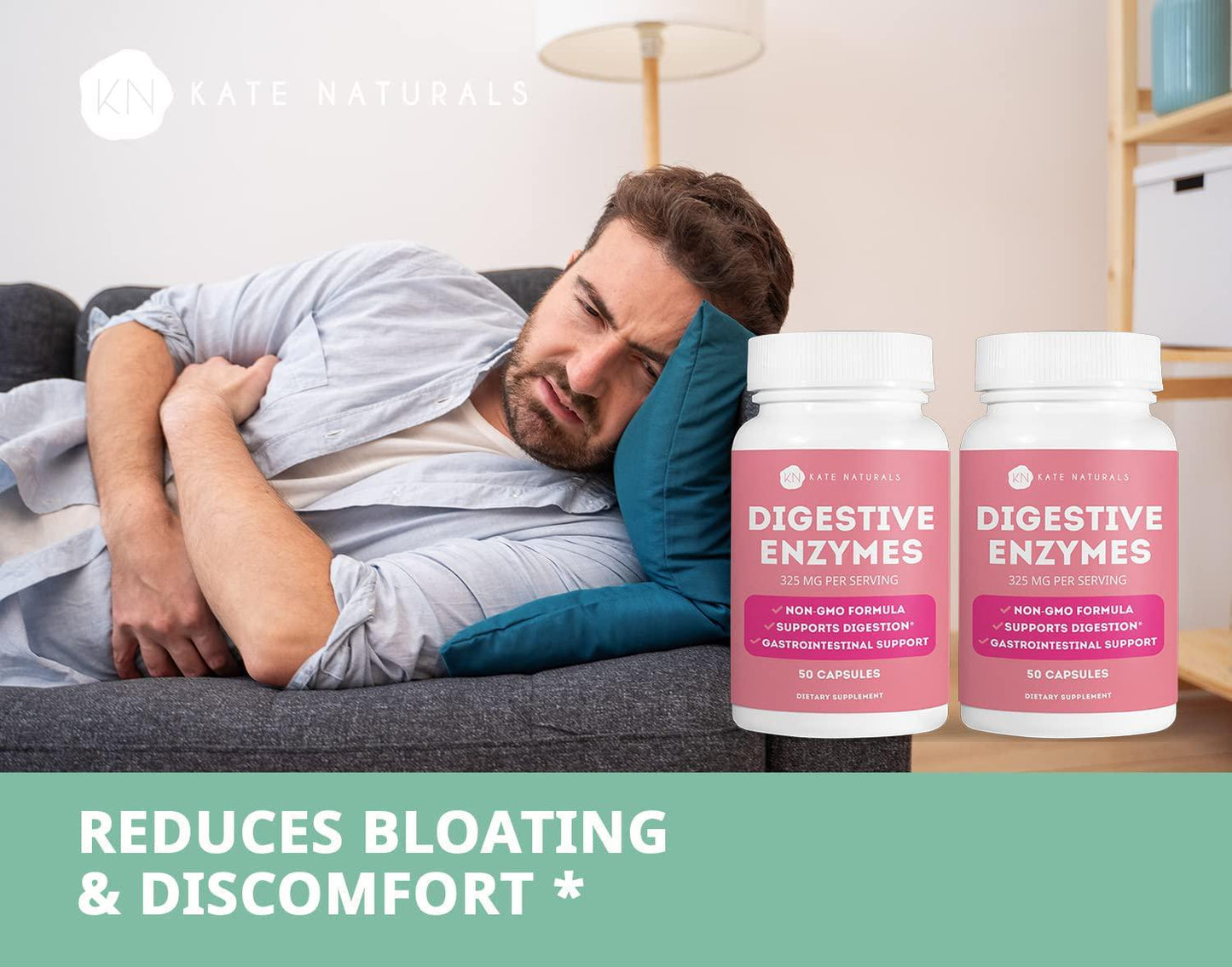 Digestive Enzymes (2 Pack) - Kate Natural. Ideal for Fighting Bloating and Acid Reflux. Digestion Support. 325mg Per Serving. (2 Pack - 100 Capsules Total).