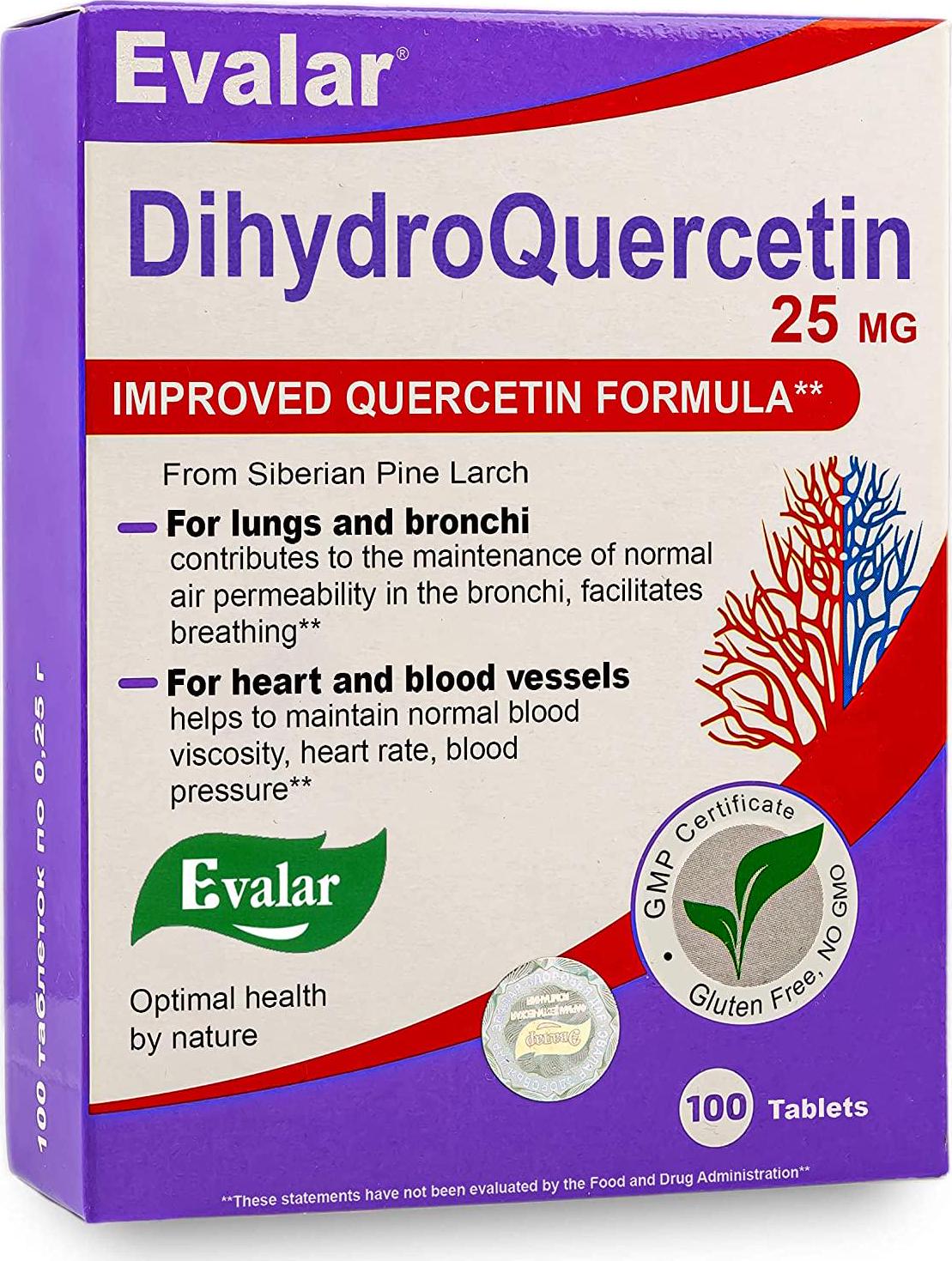 Dihydro Quercetin Evalar Siberian Pine Larch Bioflavonoid Supports Immune Respiratory and Cardiovascular Health 100 Tablets Дигидро Кверцитин Эвалар Здоровые Легкие и Сосуды