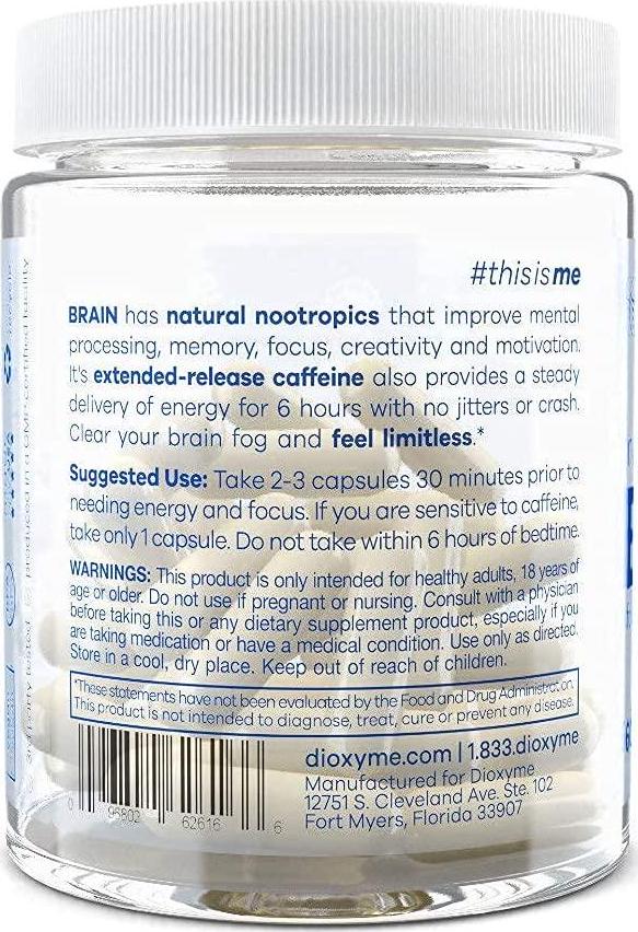 Dioxyme Brain - Nootropic Brain Booster - Enhance Mental Performance - Increase Memory, Focus, Cognition and Energy (60 Count)
